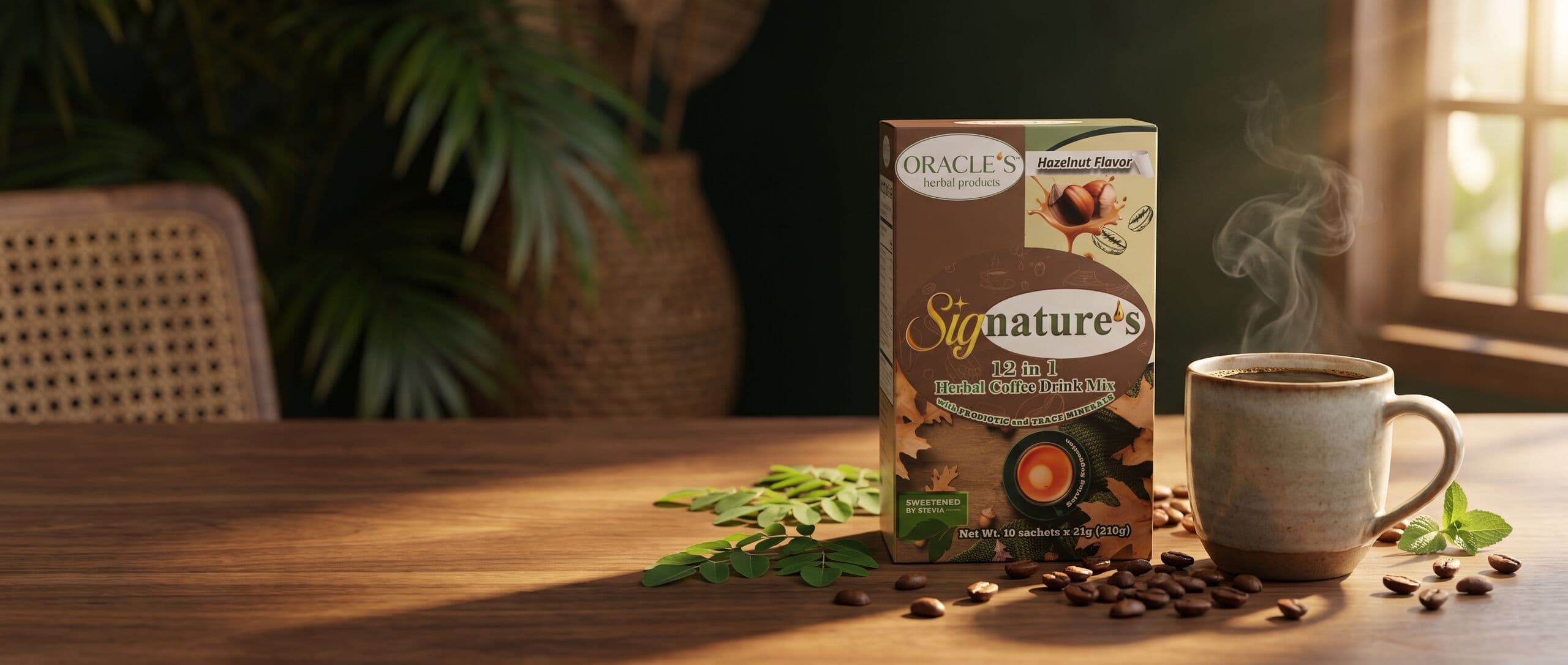 Oracle's Signature 12-in-1 herbal coffee on a warm Filipino morning table
